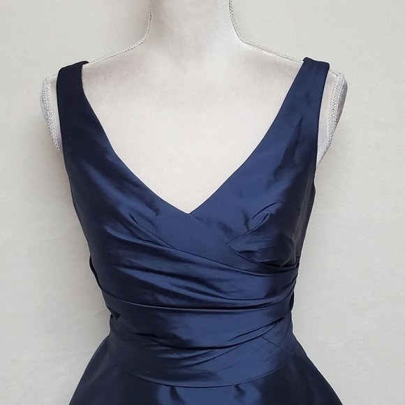 Alfred Sung Midnight Peau De Soie Pleated Side Pocket V-neck Wrap Cocktail Dress - Picture 5 of 16